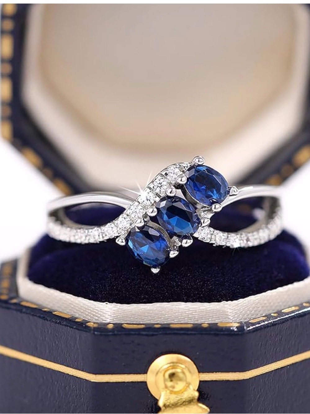Blue Sapphire Triple Stone Ring in Silver - Women Jewelry